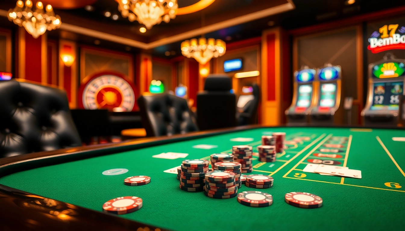Engaged gamblers at a bem88 casino table with vibrant poker chips and cards, capturing the excitement of online gaming.