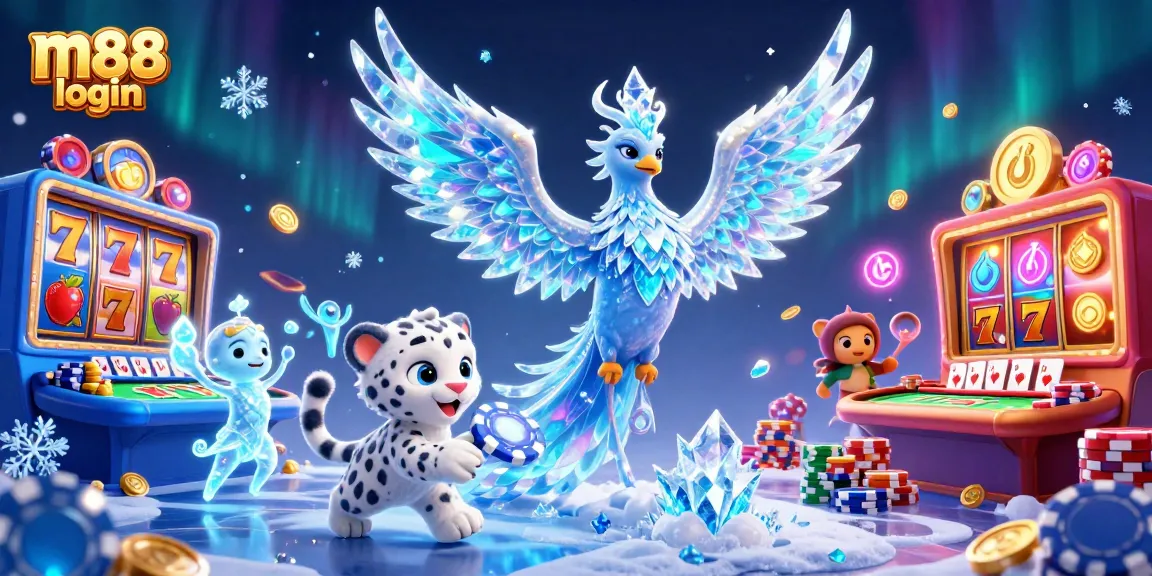 Experience the thrill with m88 login, featuring a dynamic casino scene with an ice phoenix, poker chip, and vibrant gaming elements.