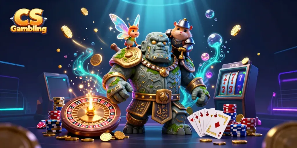 CS Gambling illustration featuring a stone golem with a hamster knight and fairy, surrounded by casino elements.