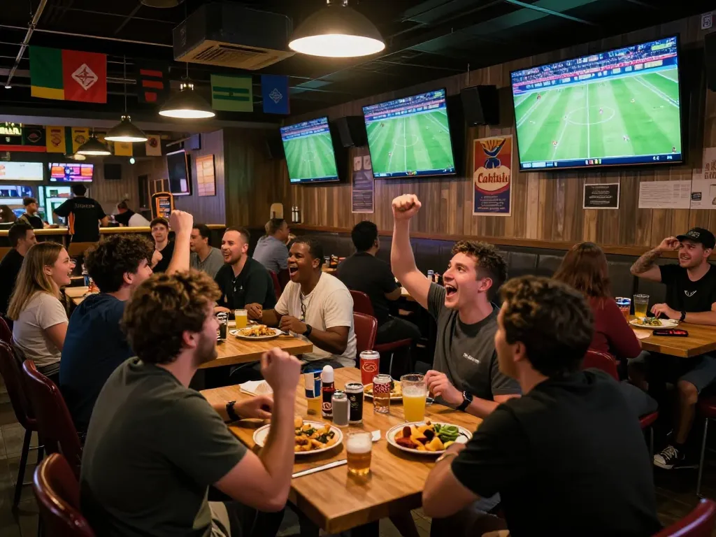 Cakhia sports fans engaging in an exciting live betting atmosphere at a vibrant sports bar.