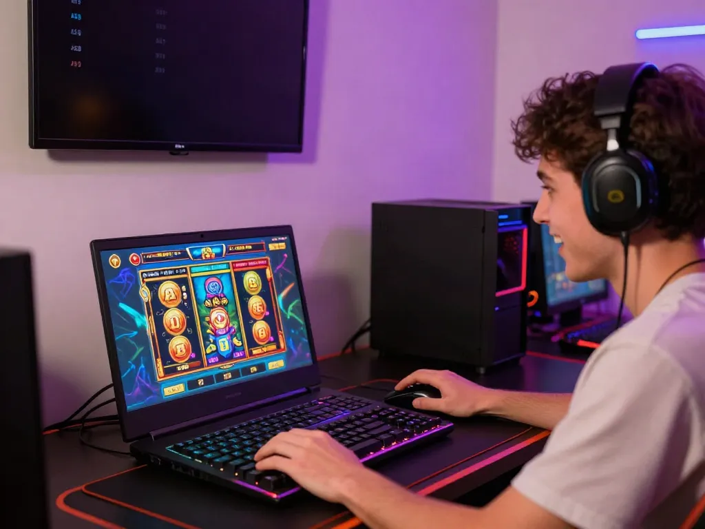 Pengalaman judi pragmatic online dengan pemain menggunakan laptop dan grafis permainan yang menarik.