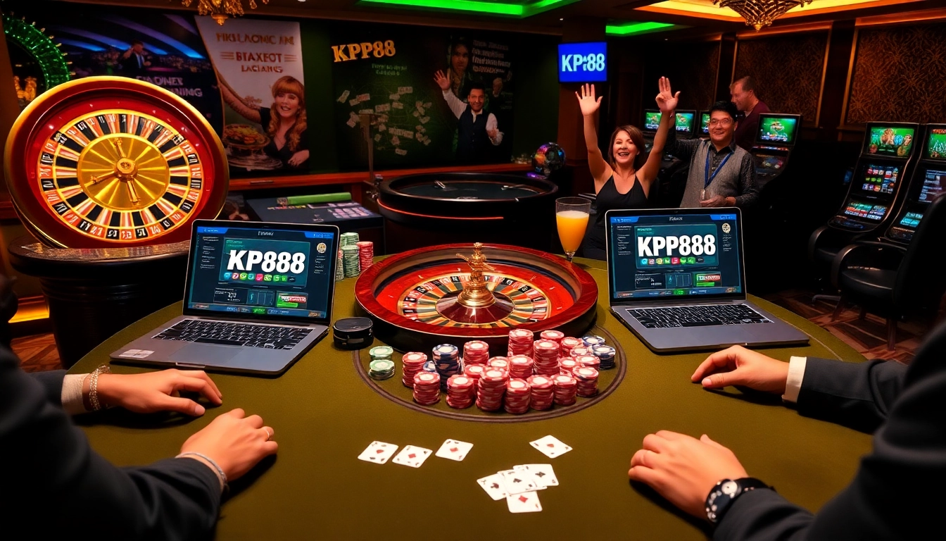 KP88 online casino showcasing thrilling poker action with colorful chips and roulette excitement.