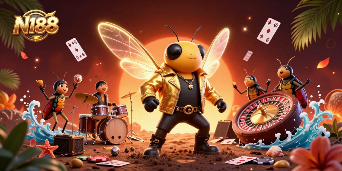 N188 casino illustration featuring a cicada rock star and a beetle drummer, celebrating winning hands with vibrant poker cards.