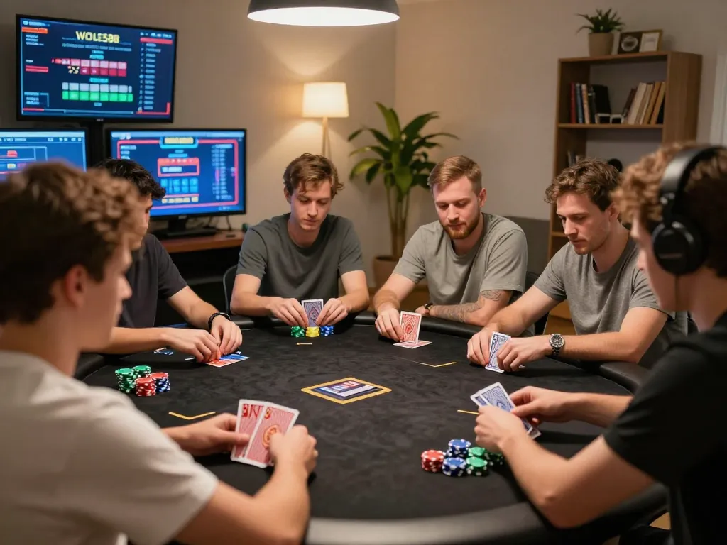 Permainan poker daring WOLES88 dalam aksi dengan pemain yang fokus pada kartu di pengaturan rumah.