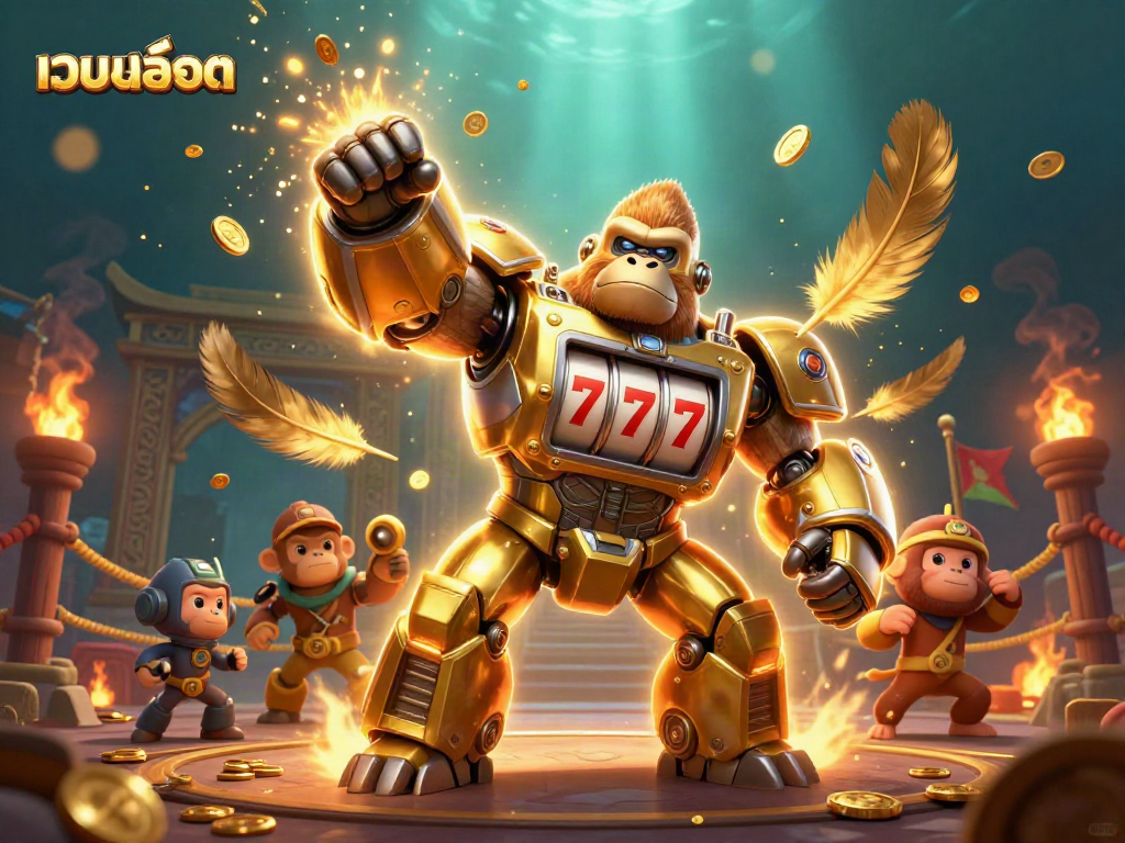 Engage with เว็บสล็อต as a golden gorilla mech launches coins in an explosive 3D casino universe.