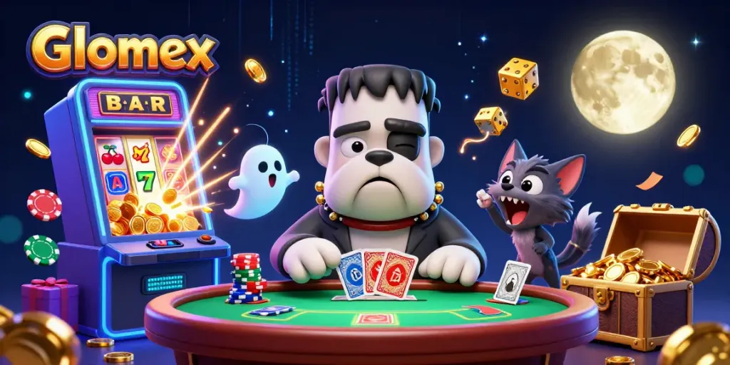 Glomex unleashes winning poker strategies at a haunted casino table with ghostly charm.