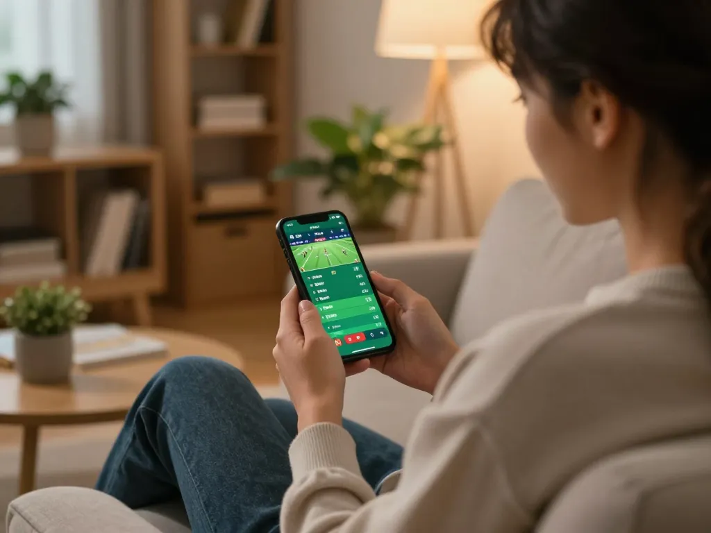 Kèo trực tuyến sports betting scene with a player placing bets on a smartphone in a cozy living room setting.