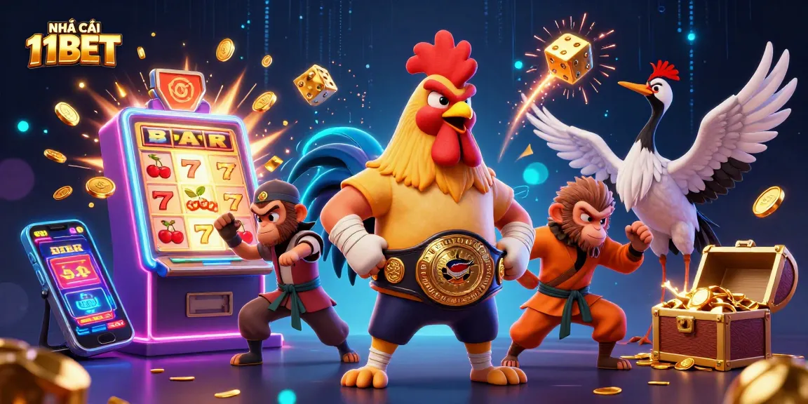 Engage in thrilling gameplay with NHÀ CÁI 11BET's colorful casino characters, including a Muay Thai rooster.