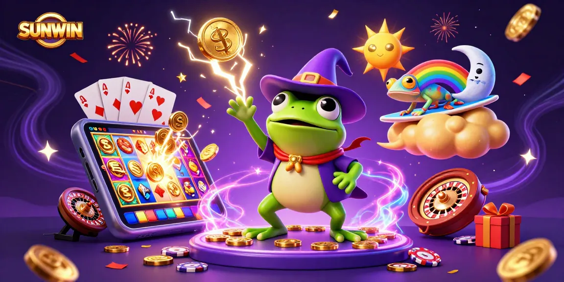 SUNWIN engages players with a vibrant casino scene featuring golden coins and colorful slot reels.