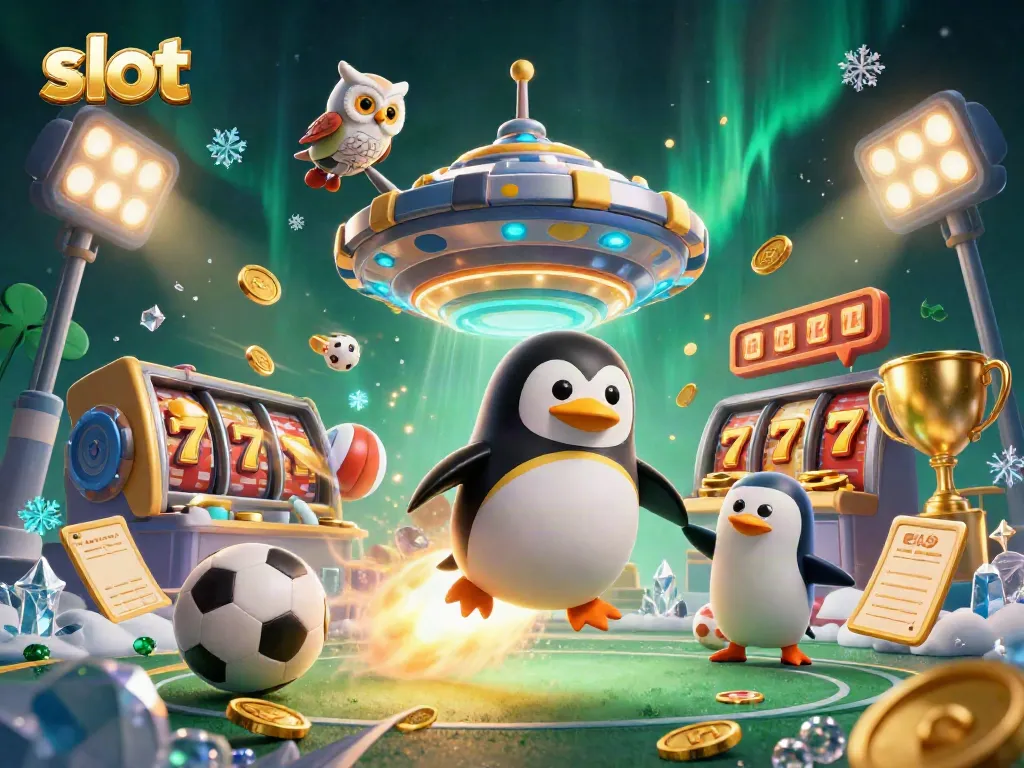 Menggulung slot dengan pemenang beruntun; ilustrasi kartun penguin emas dalam permainan kasino intergalaksi.