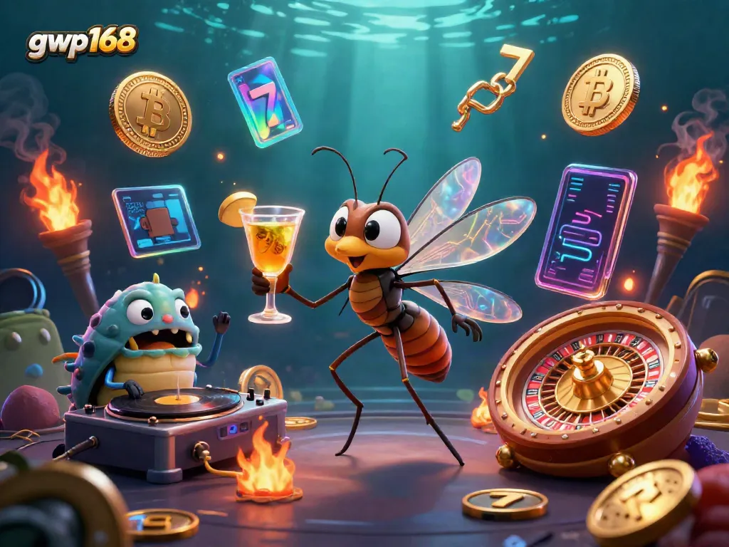 GWP168 menciptakan pengalaman kasino iGaming yang penuh warna dengan simbol jackpot dan uang digital.