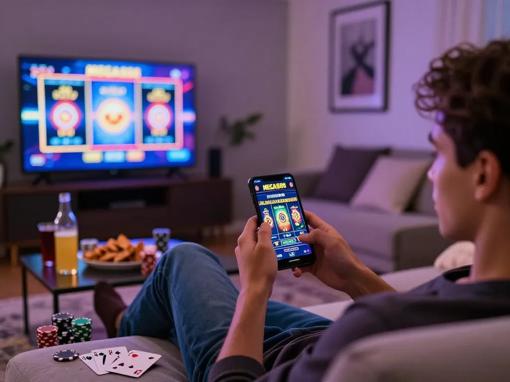 Player enjoying MEGA888 online casino experience in a comfortable living room, highlighting vibrant gaming atmosphere.