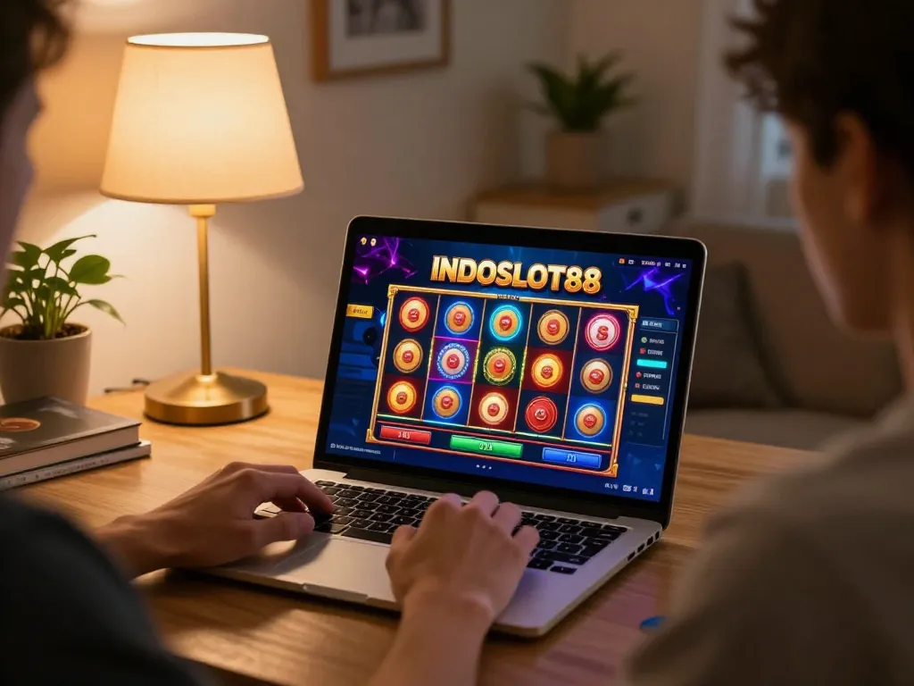 Situs resmi INDOSLOT88 engaging online slots gameplay with a player enjoying at home
