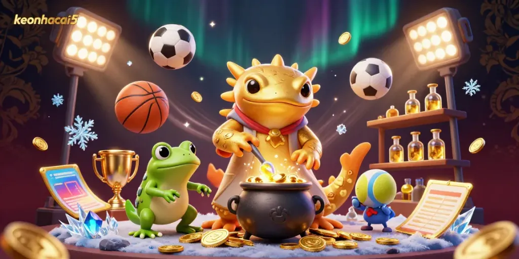 Experience keonhacai5's dynamic sports betting scene with gold coins, sports balls, and engaging alchemical characters.