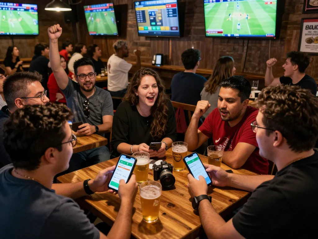 Tip88 users cheering for their teams while actively betting on sports in a lively bar setting