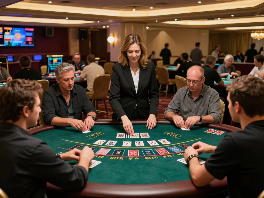 Players enjoying a live blackjack game at lv88cha.com with a professional dealer, vibrant atmosphere, and engaging decor.