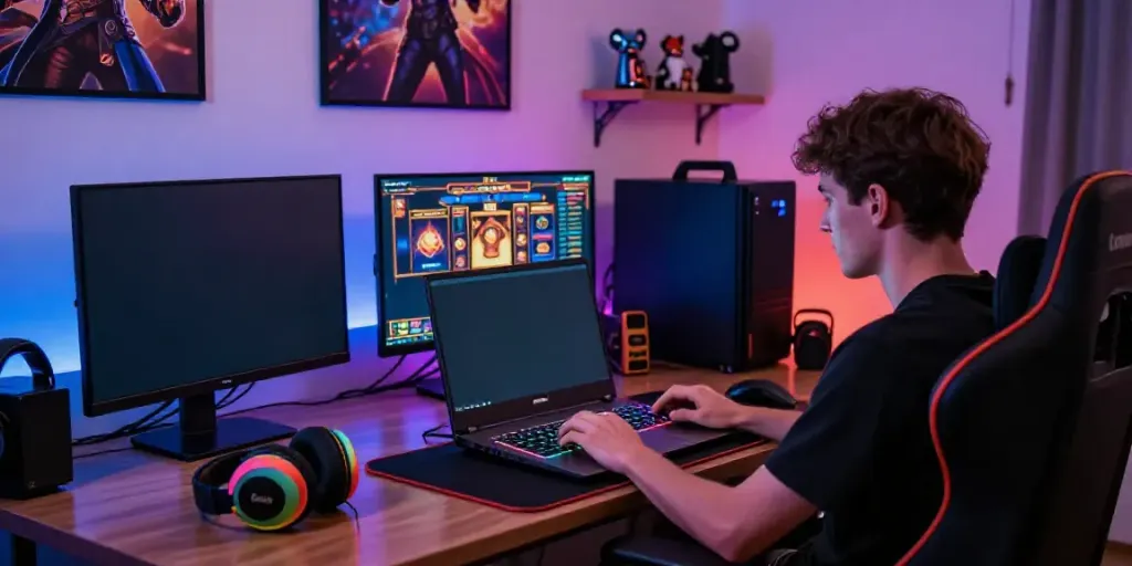 Engaged gamer playing loket88 on a modern gaming laptop with vibrant slot graphics and custom RGB lighting.