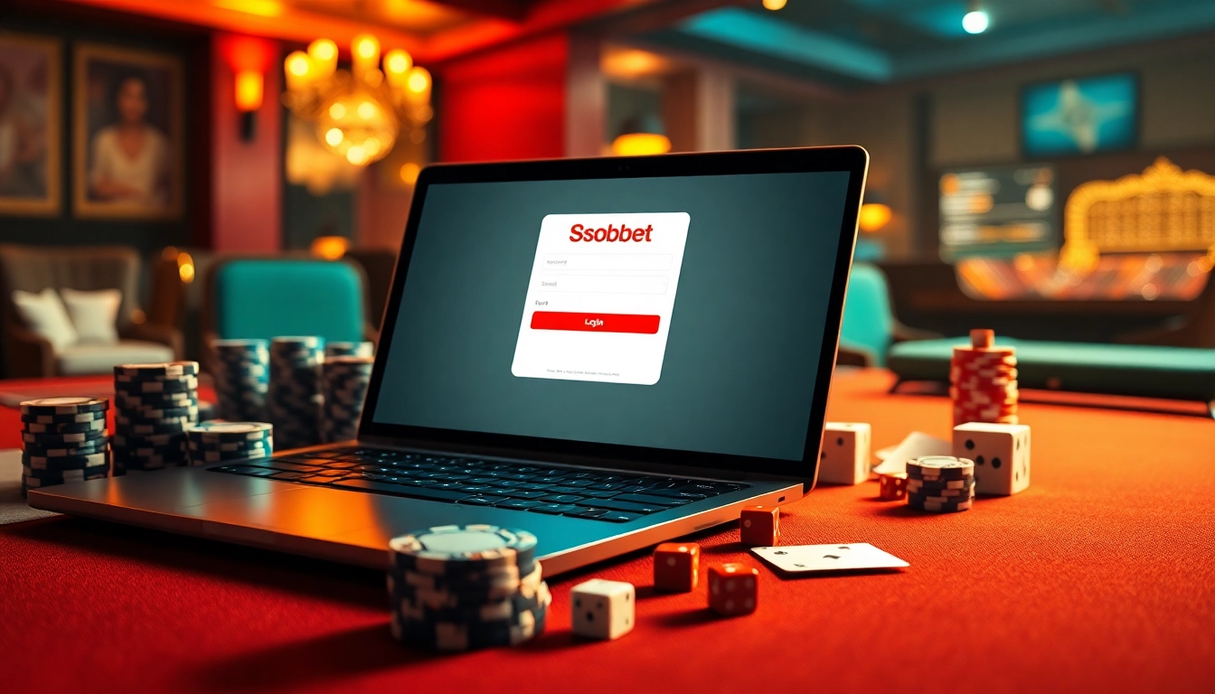 Engaging sbobet login indonesia interface surrounded by casino elements like dice and chips, representing online betting adventure.