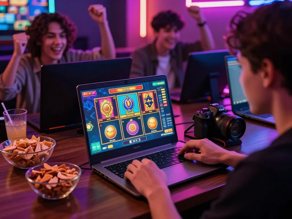 Suasana menarik teman-teman bermain situs slot online bersama, menciptakan atmosfer permainan yang energik.