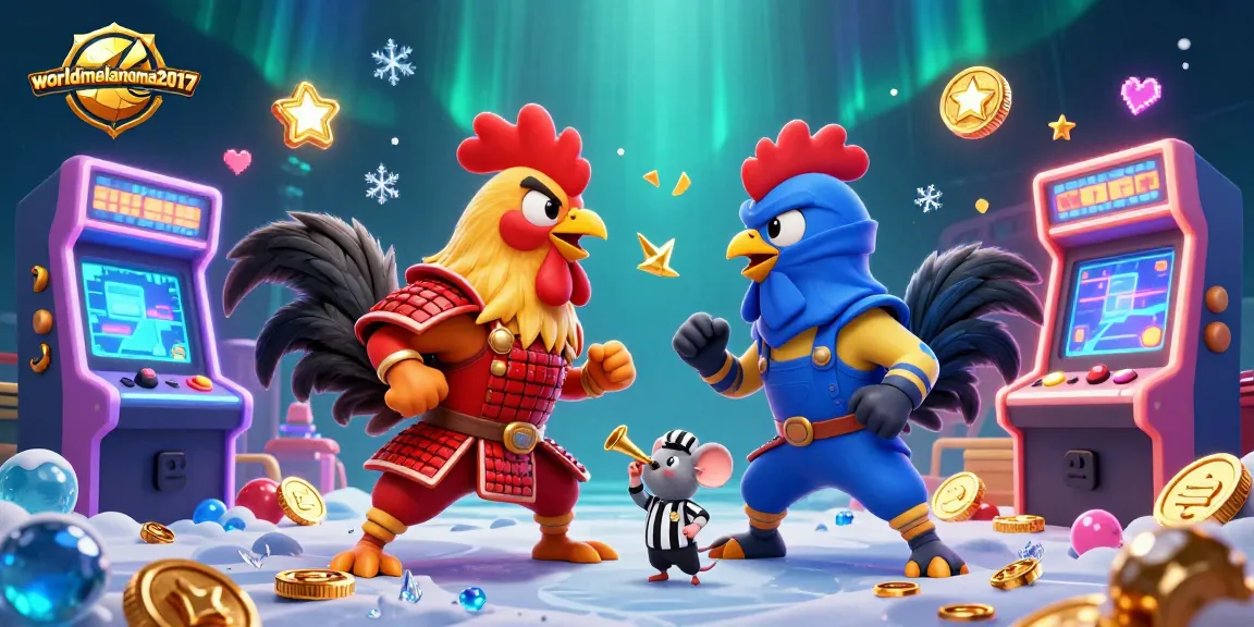 Experience the vibrant worldmelanoma2017, featuring cartoon fighting roosters in a colorful gambling scene.