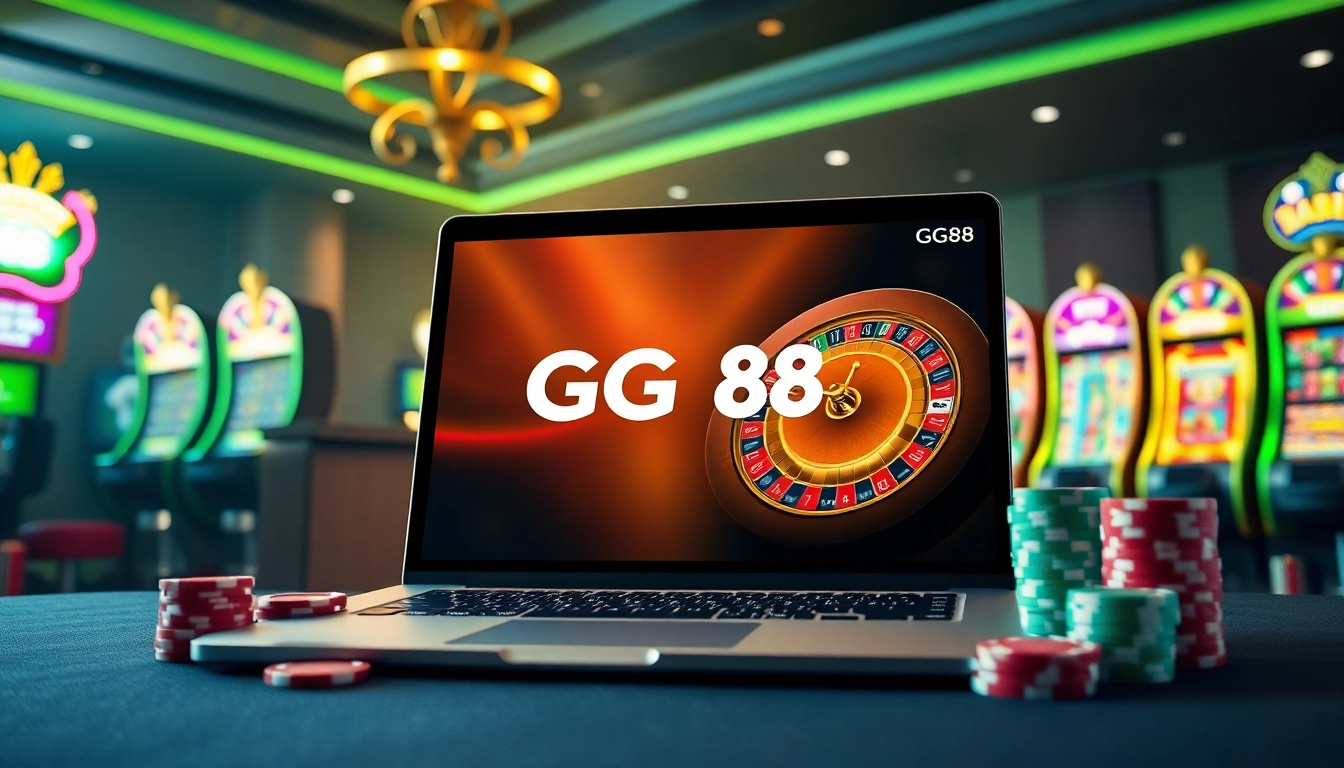 Engaging online gambling scene with GG88.com interface featuring poker chips and roulette wheel.