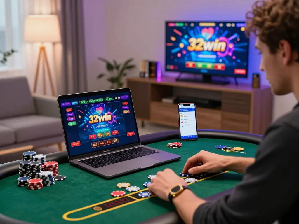 Engaged user enjoying live dealer games on 32win.com in a modern home office.