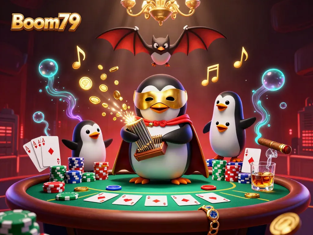 Experience the excitement of playing Boom79 with a vibrant 3D illustration of casino elements and characters.