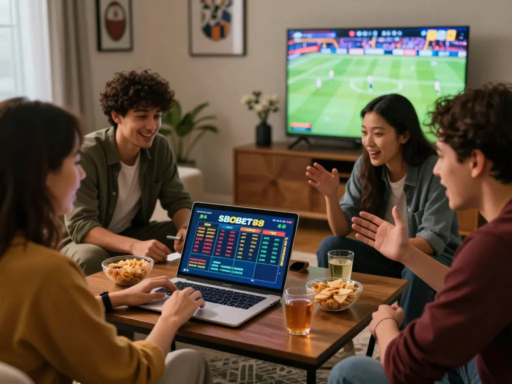Friends discussing SBOBET88 betting strategies in a cozy living room filled with sports memorabilia.