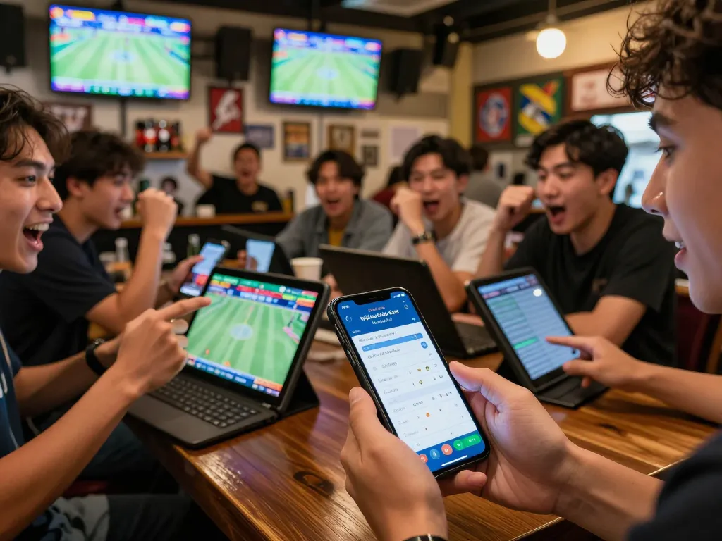 Engaged spectators excitedly placing bets on tỷ lệ kèo nhà cái hôm nay during live sports events at a lively bar