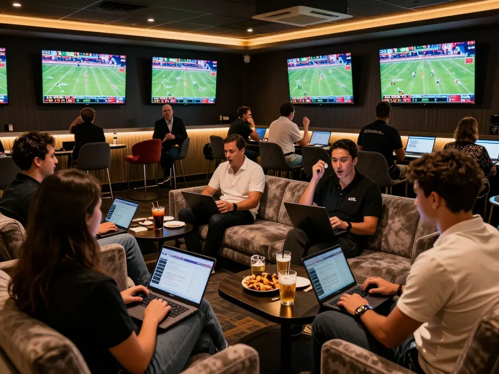 Excited bettors engaging with FC88 sports betting screens in a modern lounge atmosphere