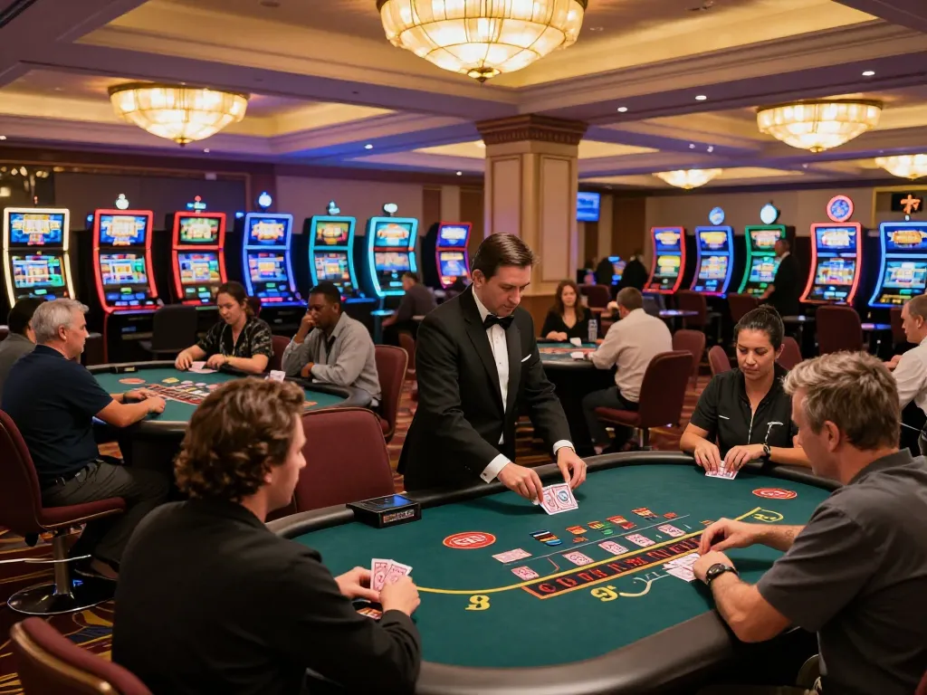 Players thriving in excitement at 100vip's vibrant casino gaming floor during an intense blackjack round.