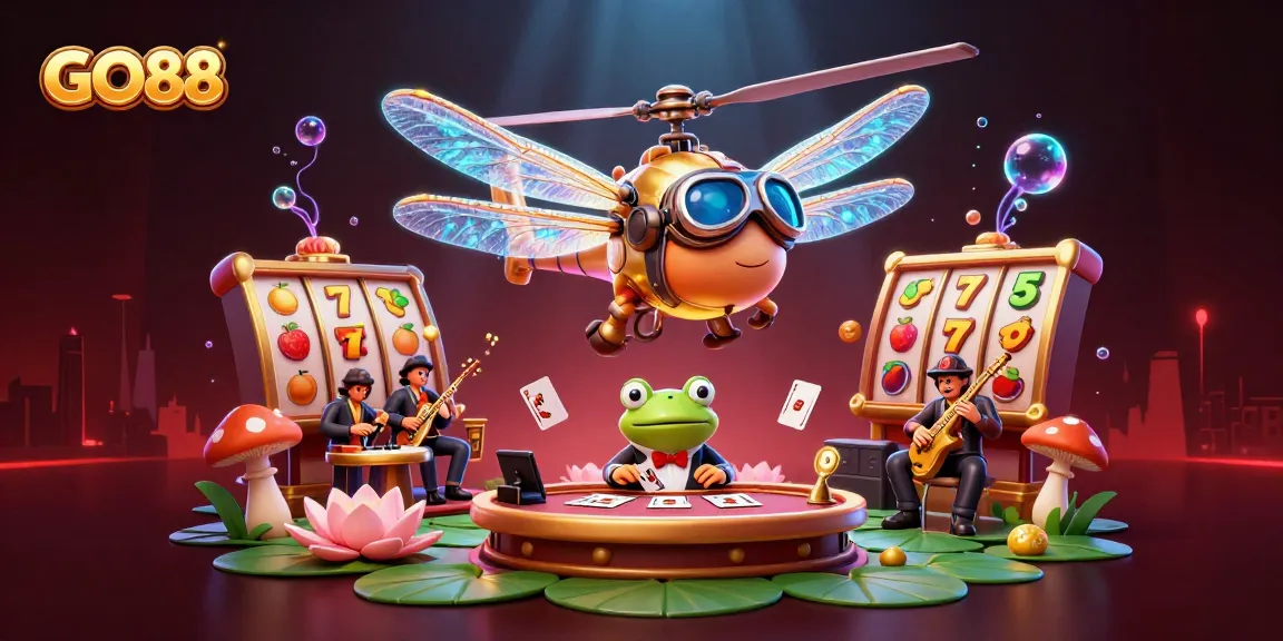 Engage in thrilling gameplay with GO88's vibrant casino scene featuring a dragonfly pilot and frog dealer.