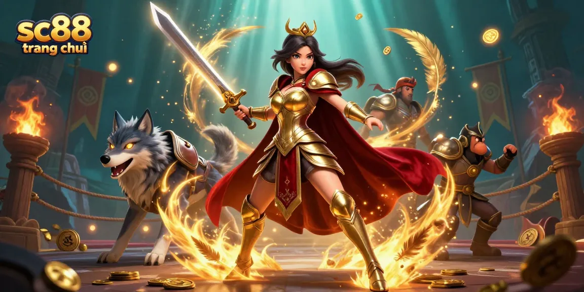 Engage with thrilling gameplay at sc88 trang chủ featuring a warrior queen and glowing companions in a dynamic casino scene.