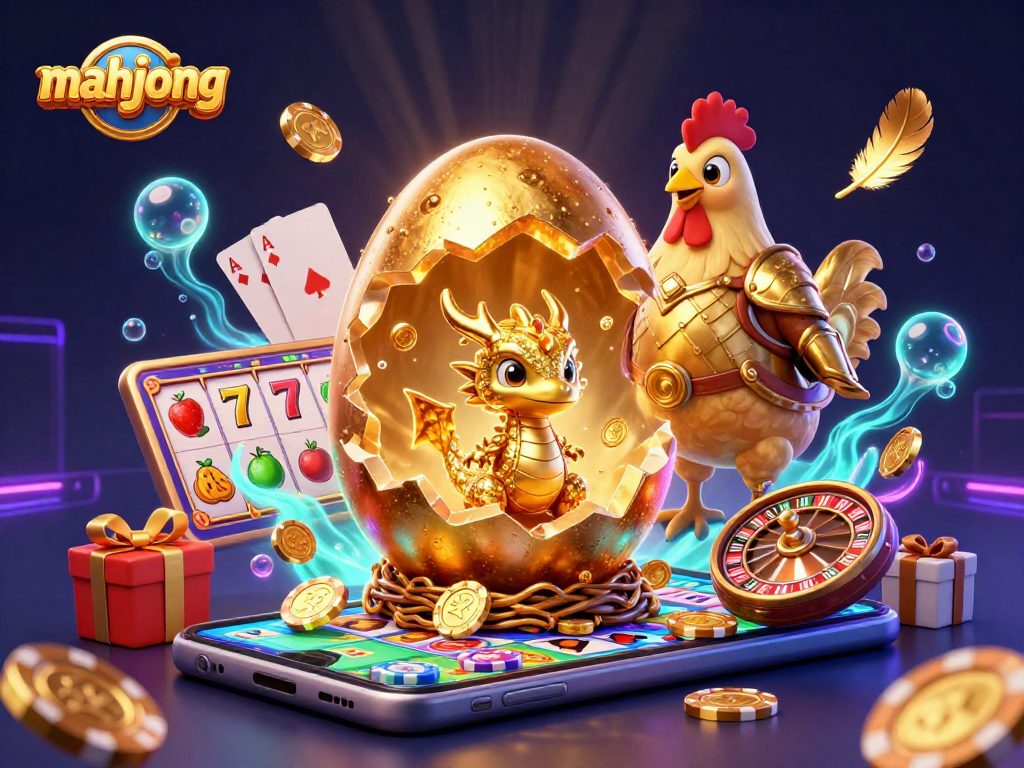 Engage in the thrilling world of mahjong with a vivid illustration featuring a golden dragon and casino elements.