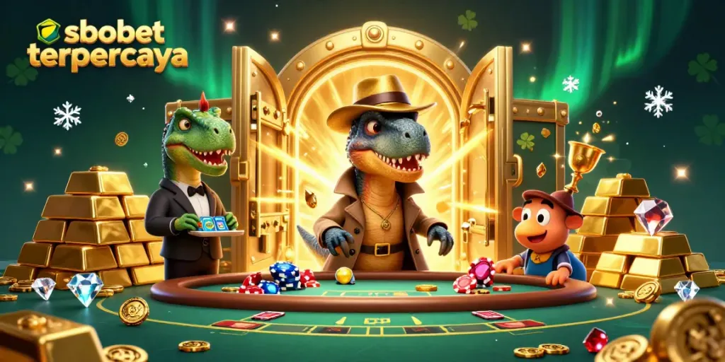 Experience sbobet terpercaya with our lively 3D casino scene featuring unique dinosaur characters!