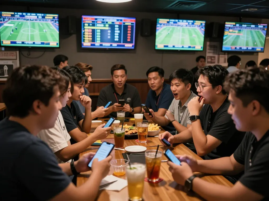 Excited patrons analyzing kèo nhà cái odds at a vibrant sports betting event in a busy bar