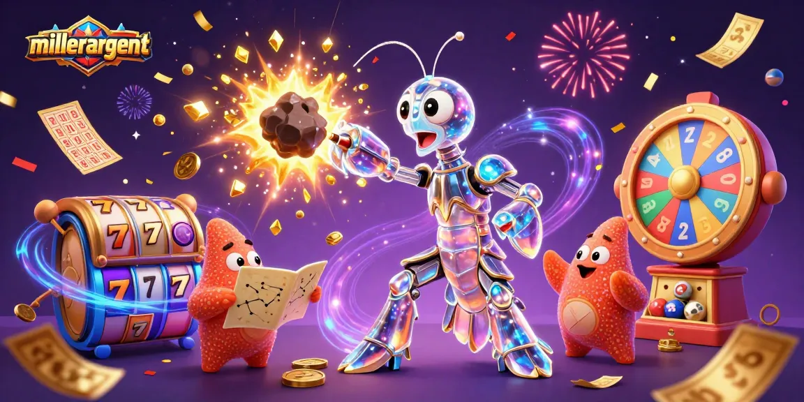 Engage with millerargent's galactic samurai mantis shrimp in a vibrant casino world filled with slot reels.
