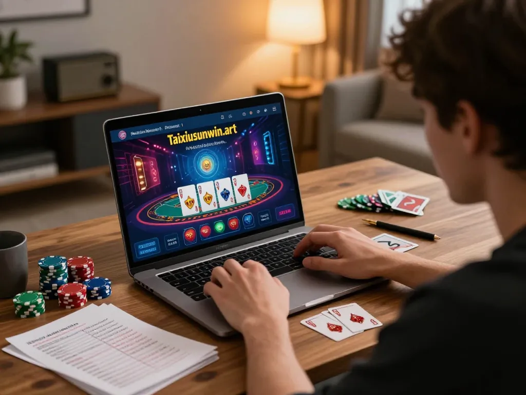 Player strategizing winning at taixiusunwin.art with laptop and poker chips on stylish desk.