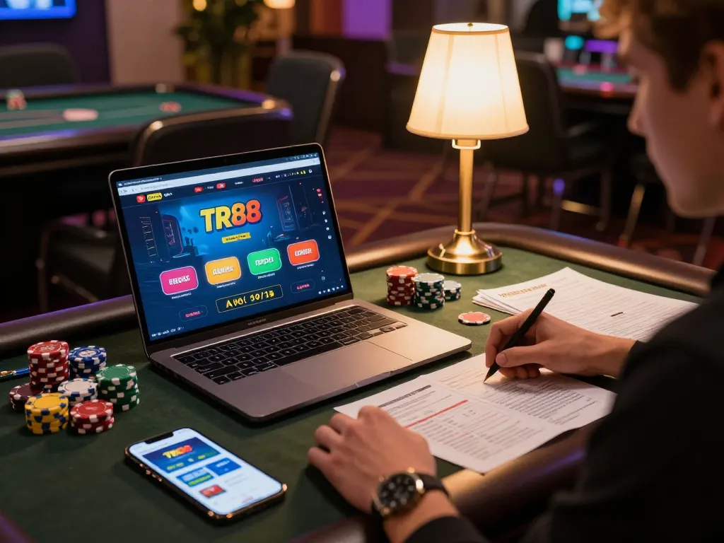 Player engaging with TR88 online casino app on laptop, showcasing strategic gaming elements and cozy setup