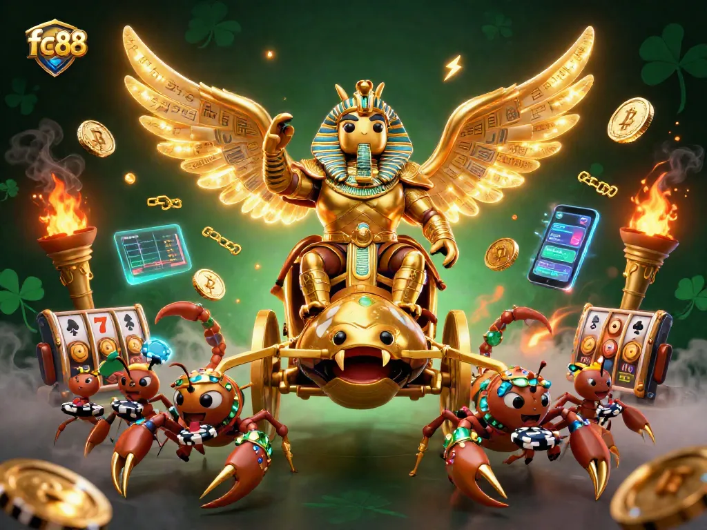 Engage with the lively fc88 online casino featuring a colossal scarab beetle participating in dynamic slot action.
