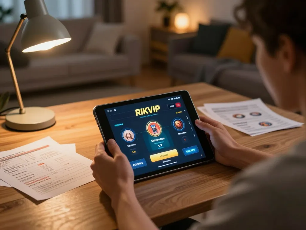 Player enjoying online gaming on RIKVIP platform using a tablet, showcasing a cozy home setting.