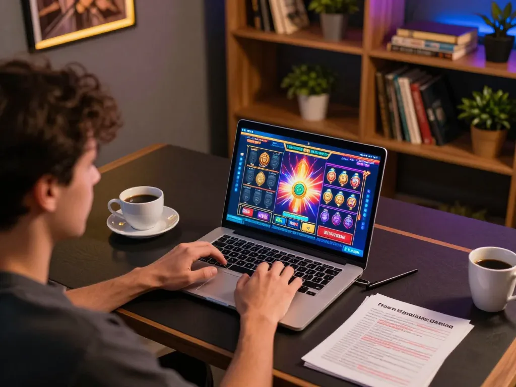 Engaged player enjoying thrilling slot games on their laptop, link vào ku3933 featured prominently on screen for easy access.