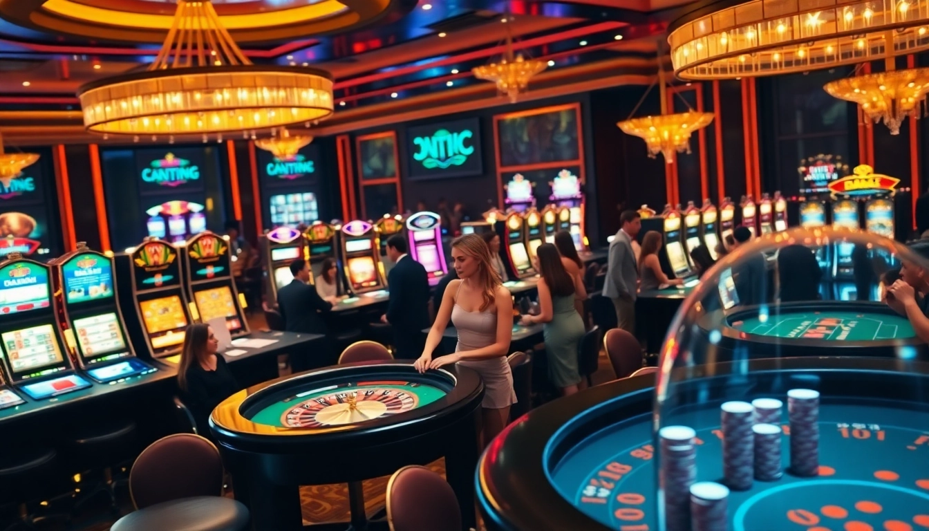 Engage with juragan77 at a luxurious casino featuring vibrant tables and glowing slot machines.