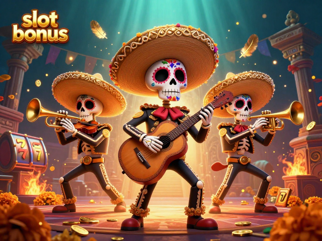 Engage in slot bonus excitement with a lively mariachi band amidst vibrant casino elements.
