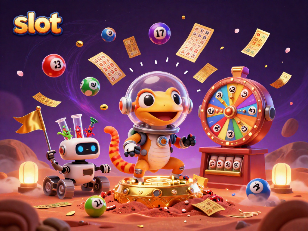 Spin the slots and win treasures while exploring a golden casino on Mars with colorful lottery elements.
