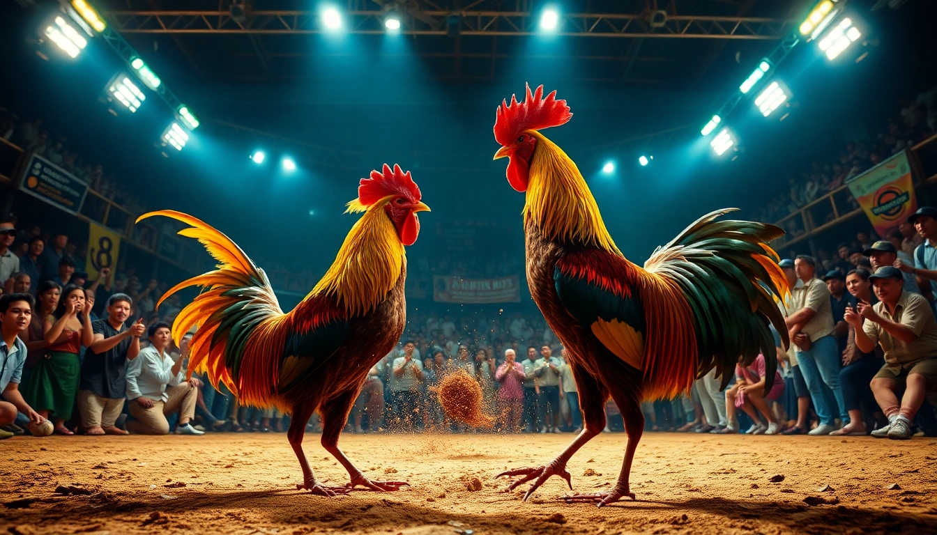 Live cockfight scene showcasing dagatructiep 1 with colorful roosters and an excited crowd.