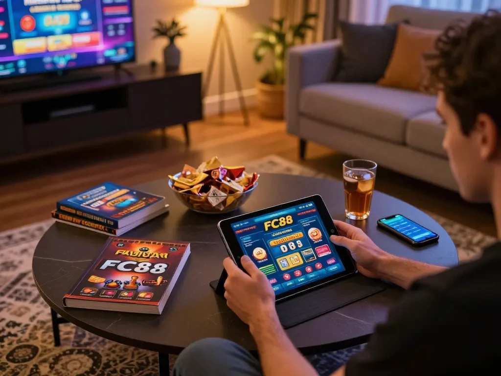 Engaging with the FC88 casino app on a stylish home setup, showcasing excitement in online gambling.