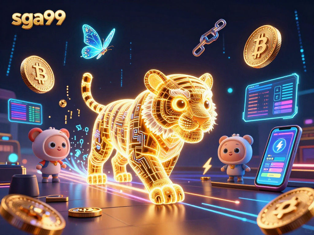 Experience exciting game dynamics at sga99 with a neon-wireframe tiger in a vibrant casino.