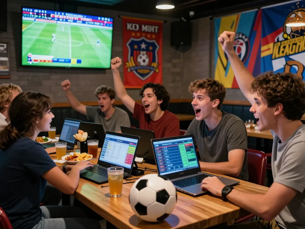 Friends engaging with kèo nhà cái trực tuyến at a lively sports bar while watching a soccer match.