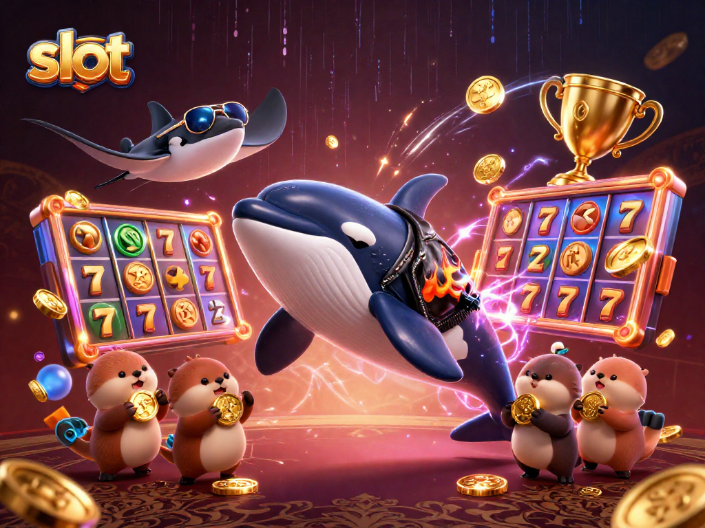 Experience thrilling slot action with an orca, stingray, and otters amidst golden coins.